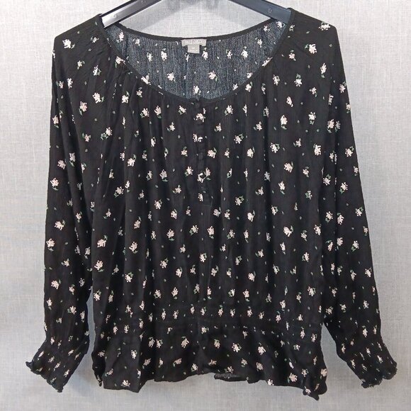 Falls Creek Peasant Blouse Womens 3X Black Pink Floral Rayon Ruffle Lightweight - Picture 1 of 6